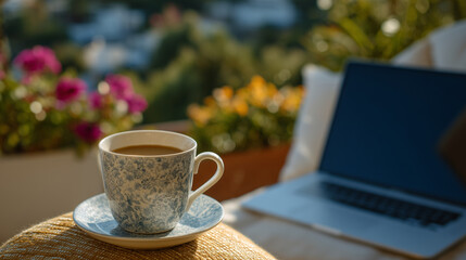 Remote worker enjoying a relaxed morning on a balcony with laptop and coffee, sunlight streaming in, blending work and leisure seamlessly