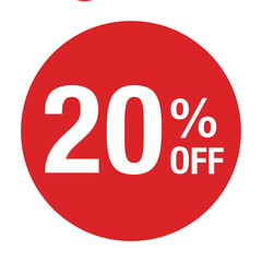 ”20％OFF ”の文字入り 円形のベクターイラスト　赤色　白文字　背景透過　
