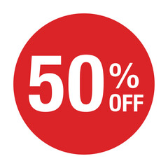 ”50％OFF ”の文字入り 円形のベクターイラスト　赤色　白文字　背景透過　
