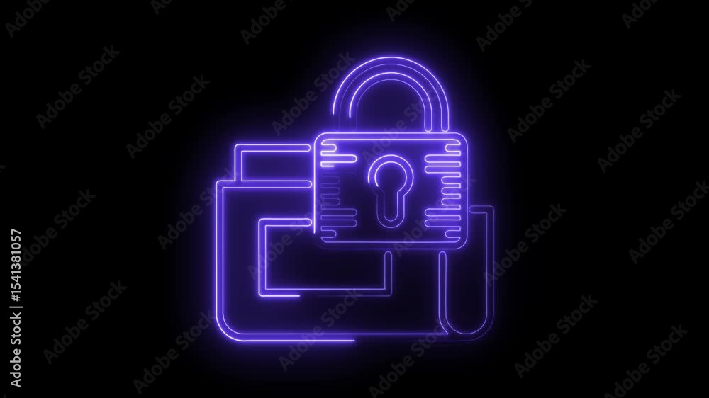 Poster folder with padlock neon style concept for cyber security and data privacy animated