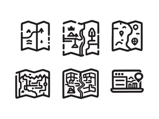 set of 6 psc different type of Map clear vision simple dark black line art on white.eps