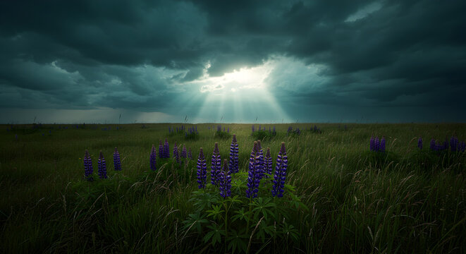 Dramatic landscape with sunbeams piercing through dark clouds over a field of flowers - Powered by Adobe
