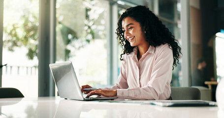 Finance, laptop and typing with business woman in office for review of account, information or...