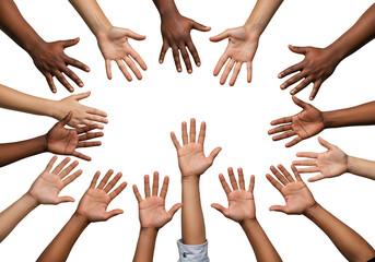 Diverse hands reaching up in unity circle