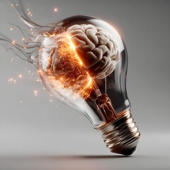 An illuminated brain inside a light bulb symbolizes the spark of the power of the human mind to generate creative ideas and breakthrough solutions