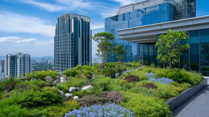 Fototapeta premium A lush rooftop garden atop a modern glass office building symbolizing environmental responsibility and sustainable urban development in corporate settings