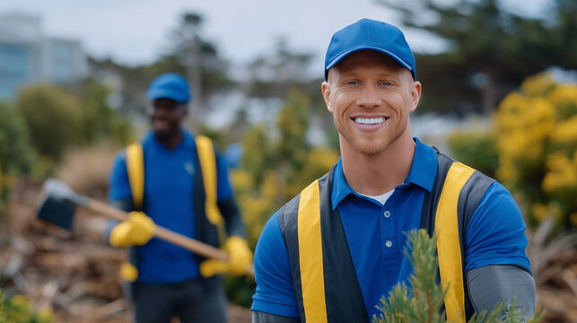 Diverse employees engaged in community volunteer work, planting trees and cleaning parks, embodying corporate social responsibility in action - Powered by Adobe