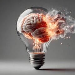 A visualized representation of the creative power of the human brain represented by a brain inside a glowing light bulb