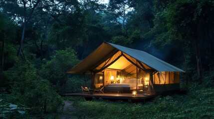 Tent lit up at night in a national park surrounded by nature