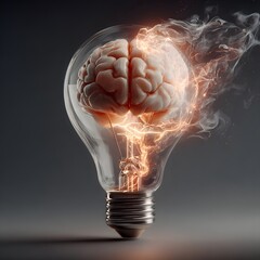 A human brain glowing brightly inside a glass light bulb representing the spark of creative ideas innovative thinking and the power of the mind to drive progress and discovery