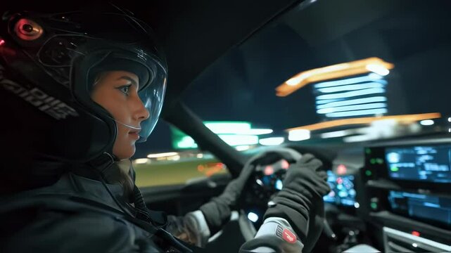 Professional female driver navigating high performance electric vehicle with precision during intense nighttime motorsport competition on dimly illuminated racing track