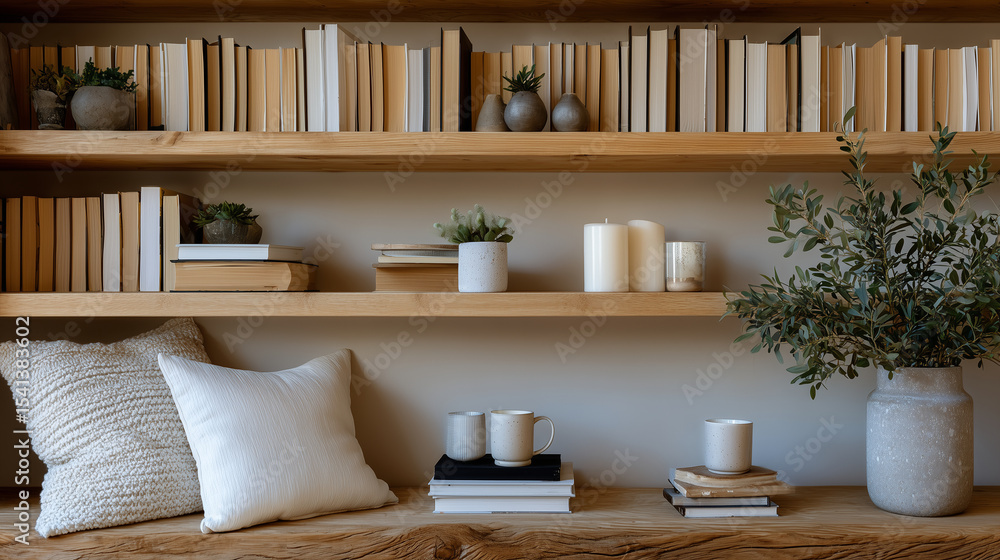 Poster neat bookshelf with only a handful of books and decorative objects spaced out to avoid visual clutte