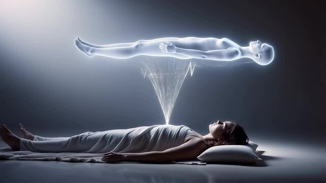 Above a sleeping body, a translucent glowing version floats in the air, connected by a thin, shimmering silver thread. Astral body concept