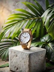 Watch is sitting on a stone pedestal