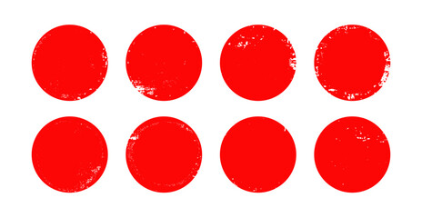 Japan brush art. Red circle sun symbols. Japanese flag vector stamps. Grunge round ink red brushstrokes. Chinese calligraphy hand-drawn texture. Grungy circles, traditional sun symbol stamp sticker bg