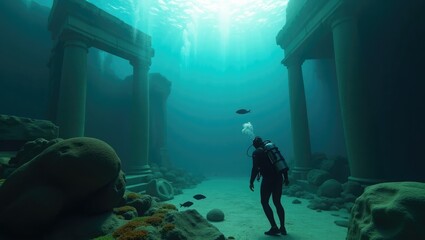 Underwater diver exploring sunlit ancient ruins in a mysterious ocean
