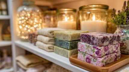 Cozy corner of a maker space with shelves of handmade soaps, candles, and craft supplies neatly organized under soft lighting