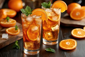 Iced Tea Refreshment: Two Tall Glasses with Oranges and Mint Pink grapefruit rosemary gin cocktail
