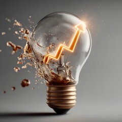 A shattered light bulb with sparks and fragments flying outwards representing the explosive power and transformative potential of energy technology and innovative ideas