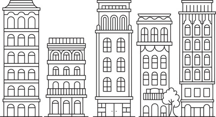 Fototapeta premium Black and White Line Art City Buildings Illustration