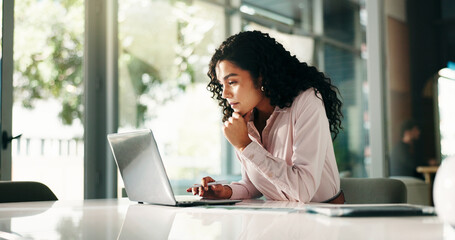 Business, woman or thinking with laptop in office for editor feedback, article insight or planning....