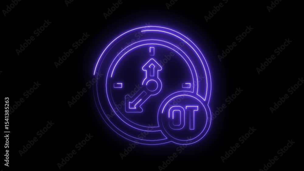 Poster neon overtime clock animation indicating additional work hours compensation concept in business