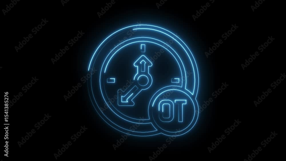 Poster overtime clock neon animation on black background deadline concept overtime work idea