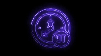 Neon overtime clock animation indicating additional work hours compensation concept in business