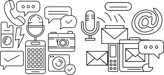 Black and White Line Art Communication Technology Icons