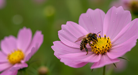 Fototapeta premium Bee enjoying nectar on a beautiful pink flower, capturing nature's delicate beauty
