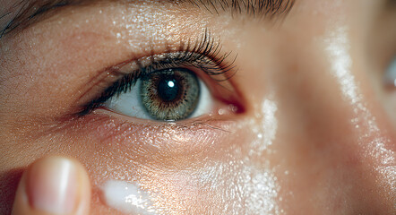 Asian woman applying white eye cream under eyes with finger. Skincare beauty routine eye care anti aging treatment moisturizing cosmetic dermatology wellness