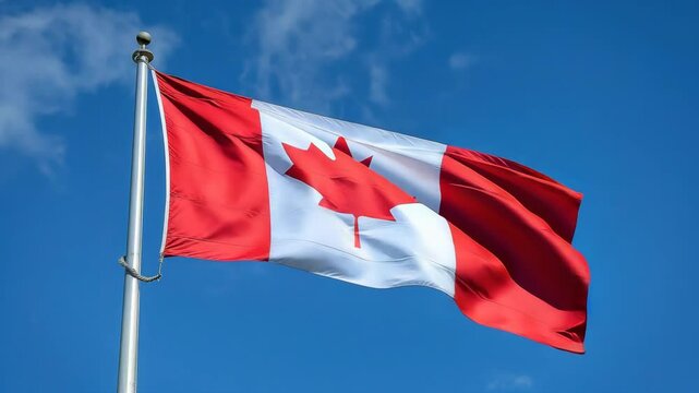 Canadian Flag Waving Against a Blue Sky with Clouds on a Flagpole