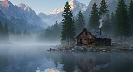 Obraz premium Scenic Lake Cabin Surrounded by Mountains and Forest in the Early Morning
