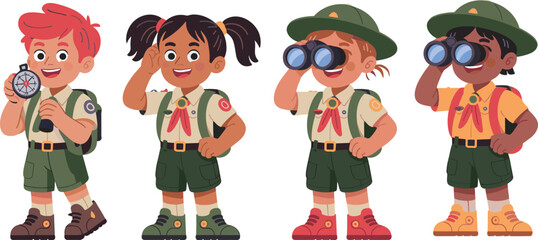 Cartoon kids in scout uniforms, exploring, hiking, compass, binoculars, camping gear, adventure, smiling children, teamwork, outdoor education