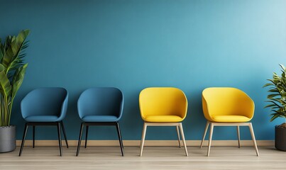 A 3D rendered business concept features a yellow chair that draws attention away from the surrounding crowd