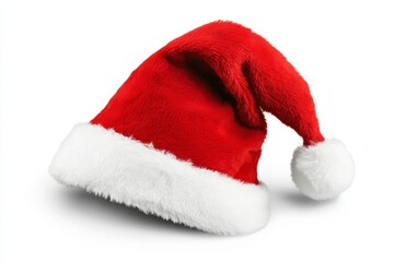 A festive Christmas santa hat is shown isolated on a plain background