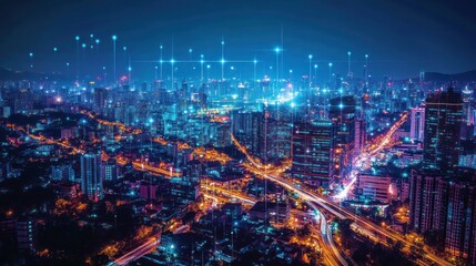 digital cityscape illuminating the future: an aerial perspective of urban connectivity and technological advancement in a vibrant metropolis at twilight