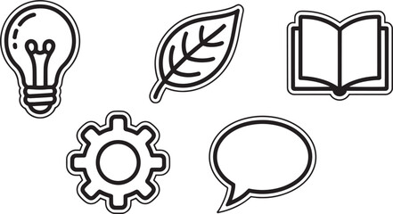 Black and White Line Art Icons Lightbulb Leaf Book Gear Speech Bubble