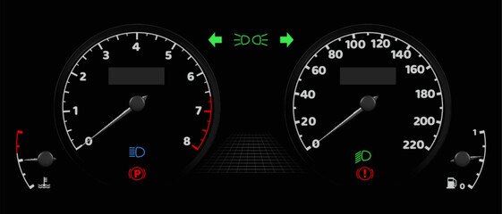 Car dashboard speedometer interface with glowing gauges showing speed numbers, tachometer dial, fuel tank indicator meter on black background for vehicle instrument panel automotive display design.