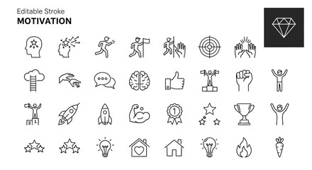 Editable Stroke Motivation Icons Success, Goals, and Achievement Line Art Graphics