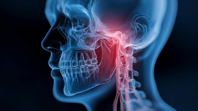 Medical animation showing wisdom tooth impaction near the jaw, causing pain and discomfort, highlighted in red, useful for educational and healthcare purposes