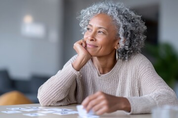 Engaging in a memory game for cognitive activity with an older Hispanic woman