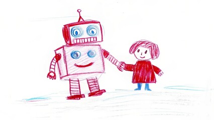 A crayon drawing of a robot and a child holding hands on a white background art