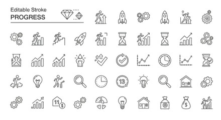 Editable Stroke Progress Icons Business Growth, Success, and Time Management Line Art Graphics