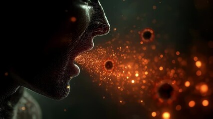 Glowing orange viral particles spreading during coughing, representing respiratory disease transmission through airborne pathogen release in detailed medical visualization - Powered by Adobe