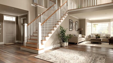 Home interior showing stair transition with mid-landing rail support