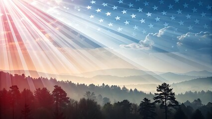 Patriotic american flag sunrise over misty mountains