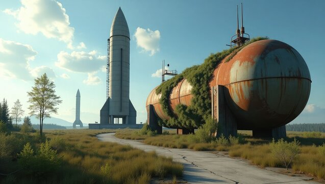 Abandoned rocket launch site overgrown with nature