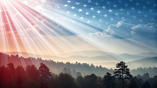 Patriotic american flag sunrise over misty mountains - Powered by Adobe