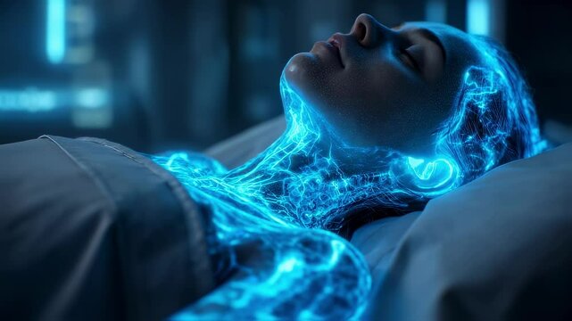 Medical visualization of a female patient sleeping in a hospital bed with glowing nerves, showcasing a potential diagnostic or therapeutic process